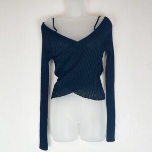 New SO ME Top Womens Large Ribbed Knit Balletcore Faux Wrap Cross Front Black L